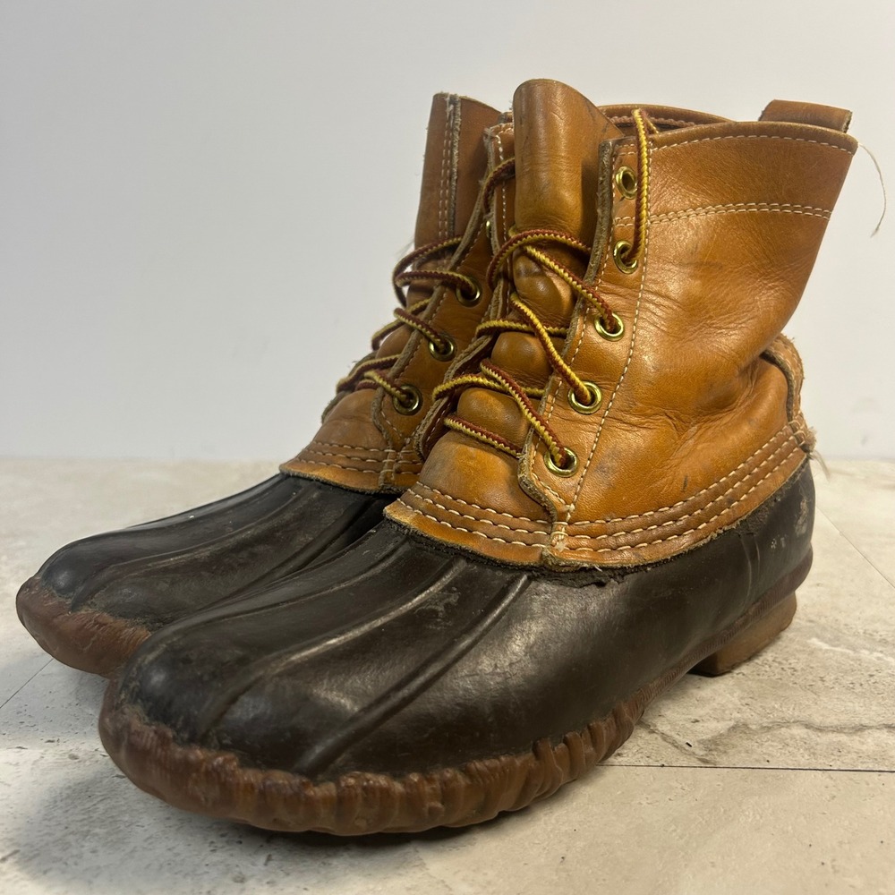 LL Bean Duck Boots Brown Womens 8 Vintage 6 inch Leather Rubber Rain Boots